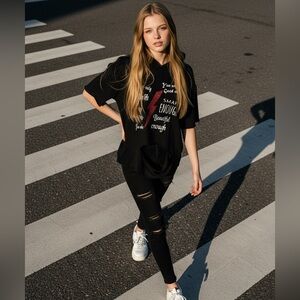 Black graphic ‘you are good enough’ ripped one shoulder hoodie NWT Womens small